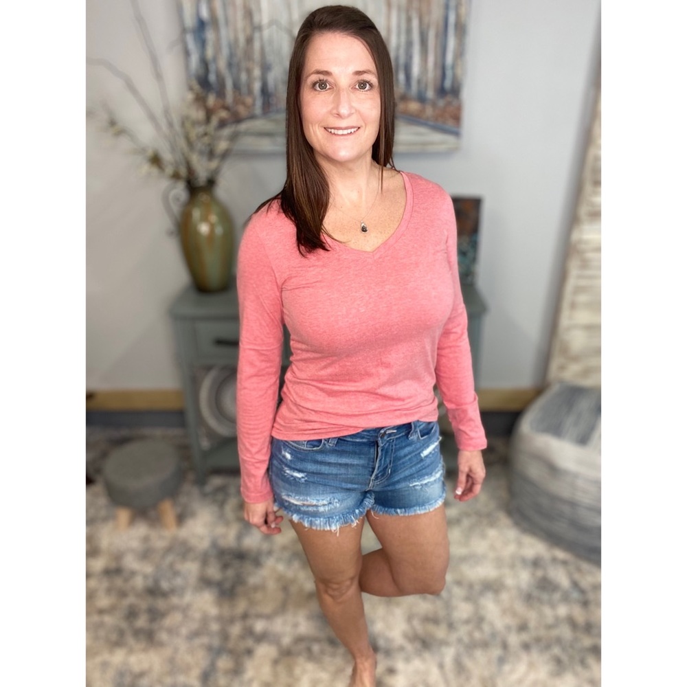 β€οΈβπ₯V-Neck Long Sleeve Basic Slimming Top Marbled Red 1222 - Picture 8 of 12